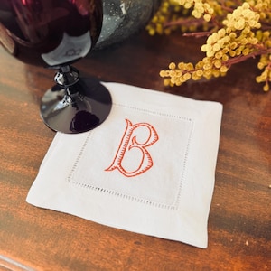 Baroque Monogrammed Cocktail Napkins, Set of 4, Embroidered Linen Cocktail Cloth Napkins image 6
