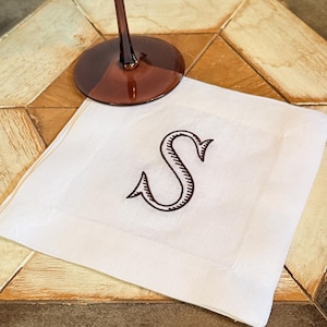 Baroque Monogrammed Cocktail Napkins, Set of 4, Embroidered Linen Cocktail Cloth Napkins image 15