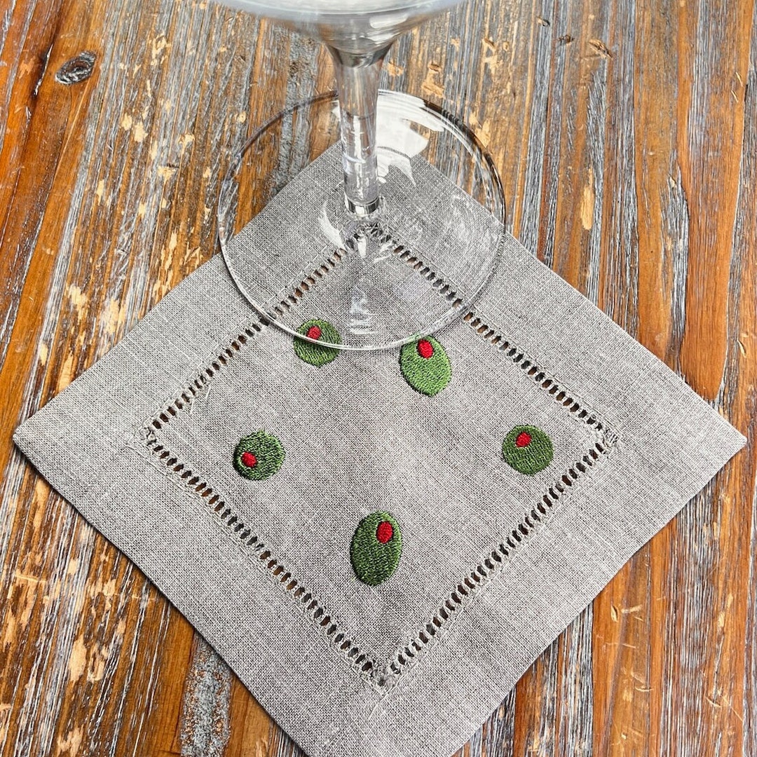 Olive Cocktail Napkins, Set of 4, Martini Cocktail Cloth Napkins, Linen