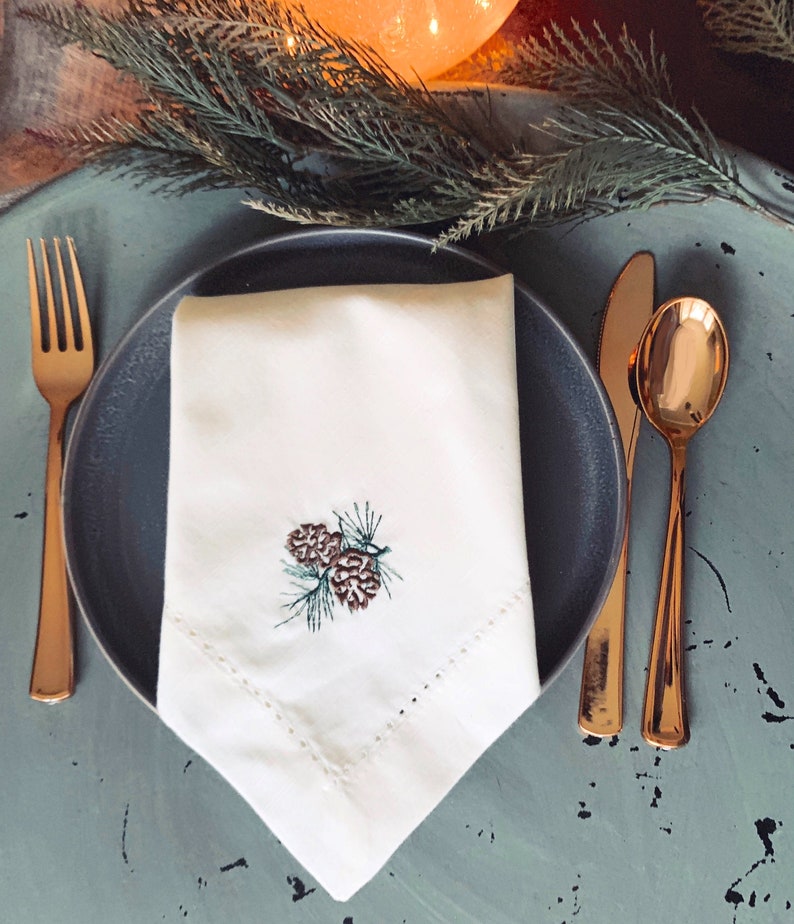 Winter Pine Cone Embroidered Cloth Napkins Set of 12 Etsy