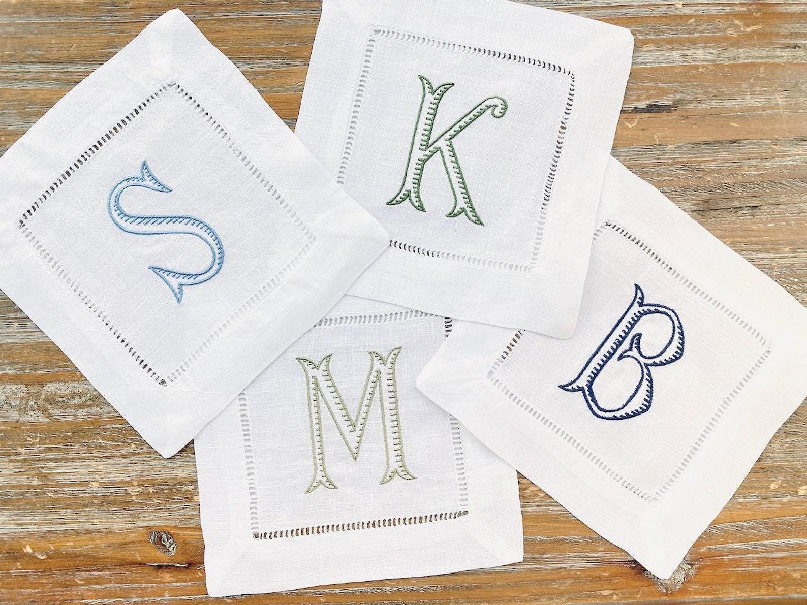Baroque Monogrammed Cocktail Napkins, Set of 4, Embroidered Linen Cocktail Cloth Napkins