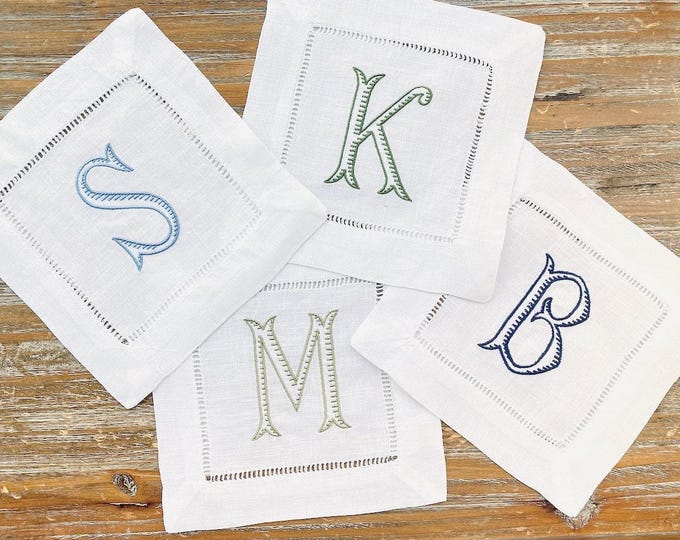 Baroque Monogrammed Cocktail Napkins, Set of 4, Embroidered Linen Cocktail Cloth Napkins