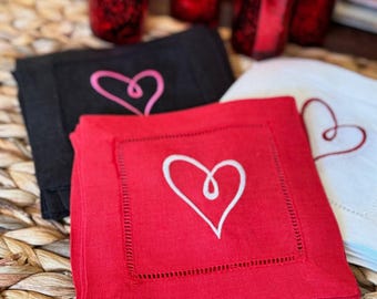 Modern Heart Valentine's Day Cloth Cocktail Napkins, Set of 4, Linen Cocktail Napkins