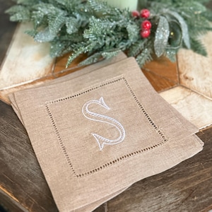 Baroque Monogrammed Cocktail Napkins, Set of 4, Embroidered Linen Cocktail Cloth Napkins image 14