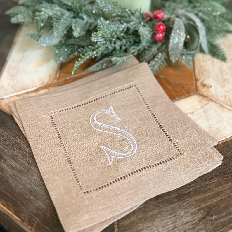 Baroque Monogrammed Cocktail Napkins, Set of 4, Embroidered Linen Cocktail Cloth Napkins image 14
