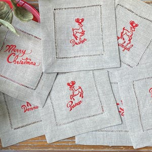 Set of 10 Reindeer Cloth Cocktail Napkins, Christmas Cocktail Cloth Napkins, Linen cocktail napkins, linen cocktail napkins