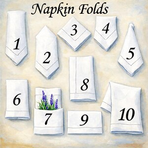 The image is a collage of various napkin folds, each labeled with a number, from 1 to 10.