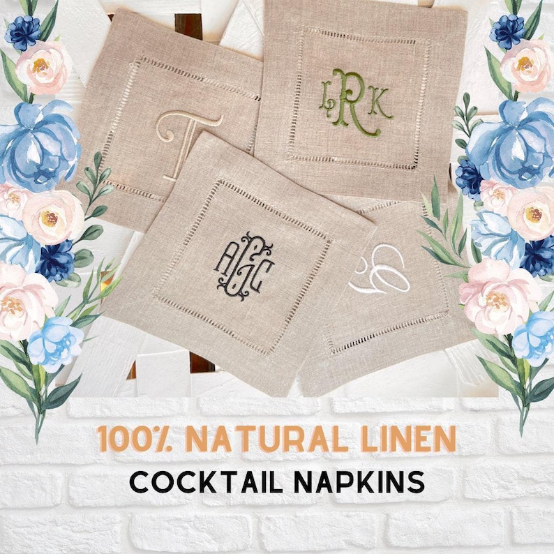 Natural Beige Monogrammed Linen Cocktail Napkins, Set of 4, beige Cocktail Cloth Napkins, Natural Linen cocktail napkins, linen napkins image 1