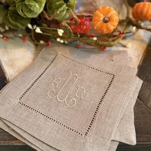 Natural Beige Monogrammed Linen Cocktail Napkins, Set of 4, beige Cocktail Cloth Napkins, Natural Linen cocktail napkins, linen napkins image 3