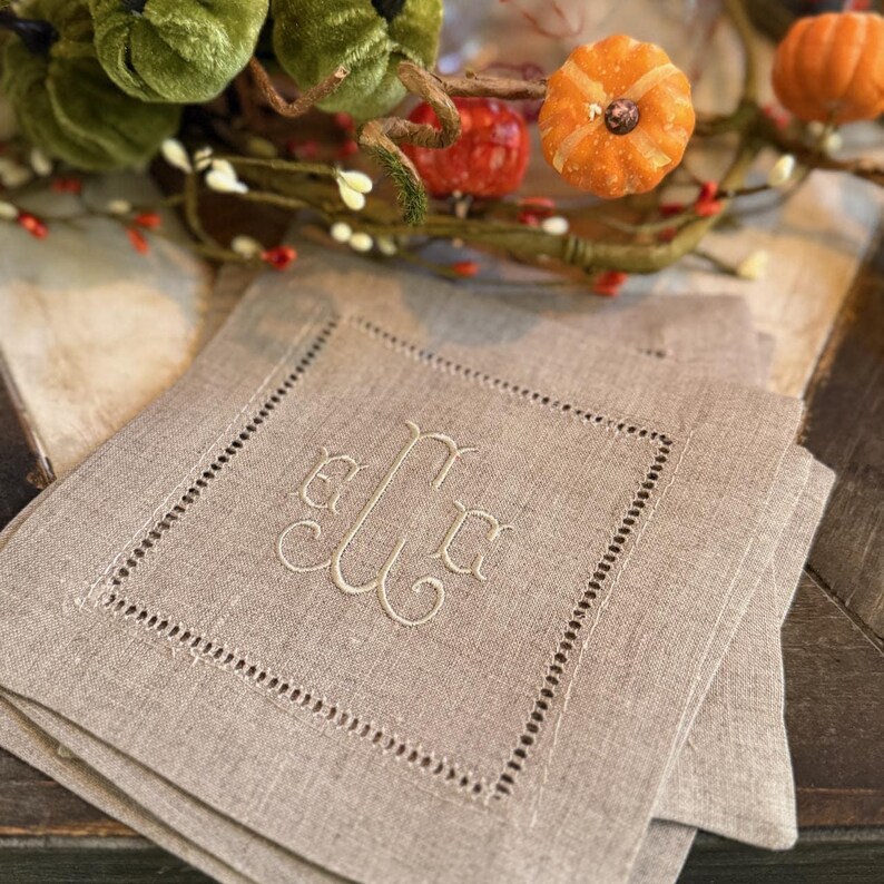 Natural Beige Monogrammed Linen Cocktail Napkins, Set of 4, beige Cocktail Cloth Napkins, Natural Linen cocktail napkins, linen napkins image 3