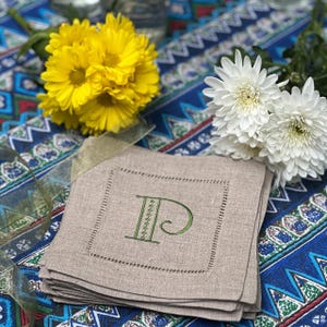 Art Deco Monogrammed Cocktail Napkins, Set of 4, Linen cocktail napkins