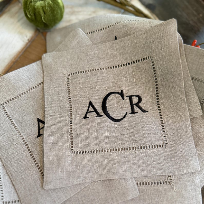 Natural Beige Monogrammed Linen Cocktail Napkins, Set of 4, beige Cocktail Cloth Napkins, Natural Linen cocktail napkins, linen napkins image 6