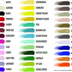 May include: A color chart featuring forty-two horizontal paint brush strokes in various hues, each labeled with its corresponding color name, including white, lemongrass, chocolate, black, lemon yellow, teal, burgundy, and metallic gold.