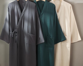 Organic Cotton Gauze Robe for Couples, Kimono Lightweight Unisex Sleepwear Bathrobe, Long Sleeve Muslin Robe