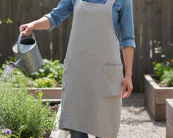 Cross Back Cotton-linen Apron for Womens  | With Pockets &  No Ties