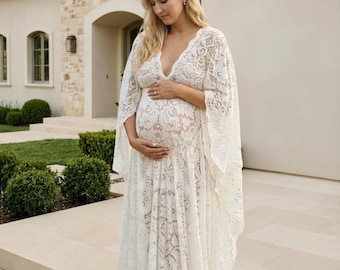 Maxikleid mit weißer Spitze | Langarm Boho Babyparty | Fotoshooting Kleid Elegant