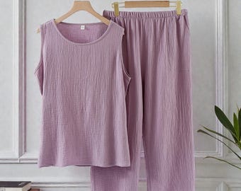 Minimalist Cotton Gauze Sleeveless Pajama Set for Women | Sleeveless Lounge Sleepwear