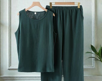 Minimalist Cotton Gauze Sleeveless Pajama Set for Women | Sleeveless Lounge Sleepwear