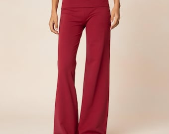 Pantalones de yoga plegables para mujer / Pantalones de descanso elásticos de talle bajo y pierna acampanada / Leggings de fitness cómodos y holgados de color liso