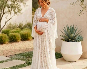 Biała koronkowa sukienka ciążowa maxi | Suknia na baby shower w stylu boho z długim rękawem | Elegancka sukienka na sesję zdjęciową