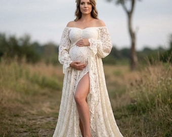 Vestido bohemio de encaje para embarazadas / Conjunto romántico para sesión de fotos de embarazo / Vestido de diosa para baby shower