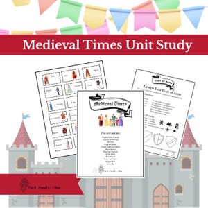 Peut inclure: Une étude d'unité sur le thème du Moyen Âge avec divers imprimables éducatifs. Comprend une page avec des personnages médiévaux, une feuille de travail "Concevez vos armoiries" et un livret intitulé "Temps médiévaux". Des drapeaux de bannière colorés sont en haut.