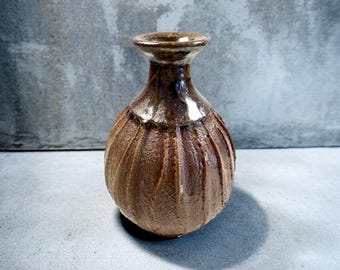 Handcrafted Stoneware Pottery, Earth-Tone Rustic Decor, Small Sculptural Vase—Rustleaf Lantern Vessel