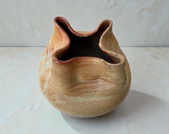 Hand-Folded Ceramic Vessel in Warm Sand & Amber Tones | Sculptural Stoneware Art—Four-Wave Clay Pot