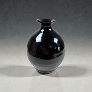 May include: A small, round, black ceramic vase with a narrow neck and a glossy finish. The vase has a smooth, curved body and a dark interior. The surface reflects light, creating highlights. The vase is suitable for displaying flowers or as a decorative item.