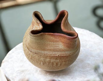 Hand-Folded Ceramic Vessel in Warm Sand & Amber Tones | Sculptural Stoneware Art—Four-Wave Clay Pot