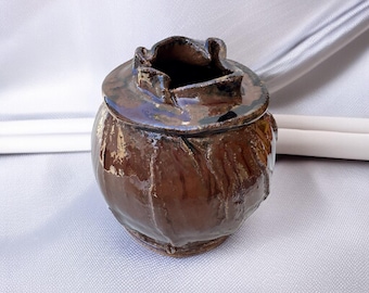 Earthscar Holding Jar – Handcrafted Ceramic Jar with Cratered Rim, Earth-Fired Glaze Art Vessel