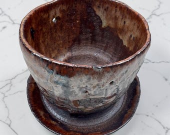 Earthy Drip Glaze Stoneware Planter with Saucer – Rustic Wabi-Sabi Ceramic Pot