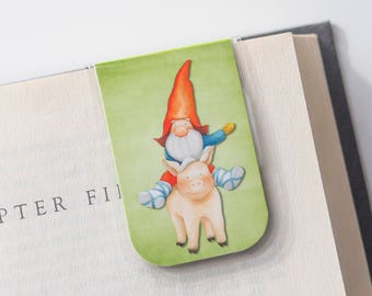 Gnome Riding Pig Magnetic Bookmark, Garden Gift