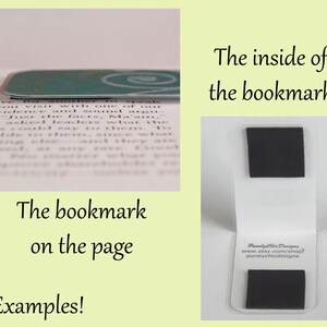 May include: A clear plastic bookmark with two black magnetic strips. The bookmark is open to reveal the text "Purely Chic Designs" and a website address. The bookmark is designed to hold a page in a book.
