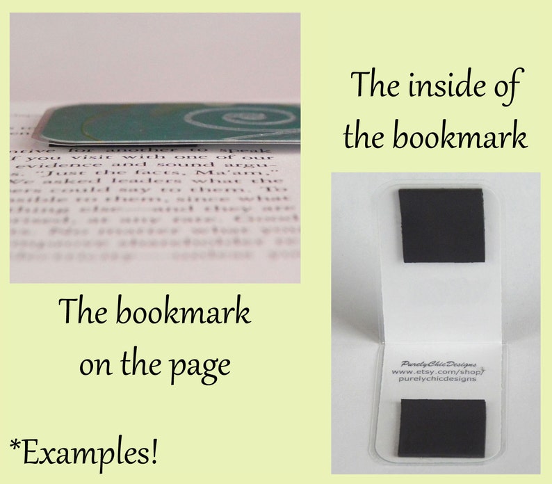 May include: A clear plastic bookmark with two black magnetic strips. The bookmark is open to reveal the text "Purely Chic Designs" and a website address. The bookmark is designed to hold a page in a book.