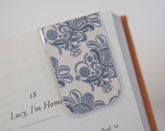 Laminated Bookmark, Magnetic Bookmark, Paisley Pattern Bookmark, Blue White Bookmark, Flower Bookmark, Elegant Dainty Design, Book Group