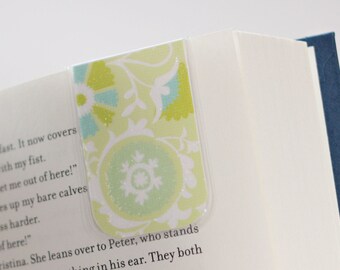 Magnetic Bookmark, Laminated Bookmark, Lime Green, Chartreuse, Blue White Glitter Flowers, Ready to Ship