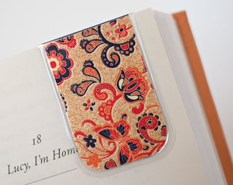 Paisley Bookmark, Gold Bookmark, Orange Bookmarks, Laminated Magnetic Bookmark, Orange Paisley Glitter Butterfly Blue Bookmark