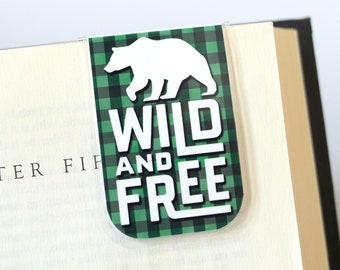 Wild And Free Gift, Magnetic Bookmark, Quote Gift, Bear Gift, Green Plaid, Grizzly Bear Gift, Planner Bookmark, Planner Gift, Travel Gift