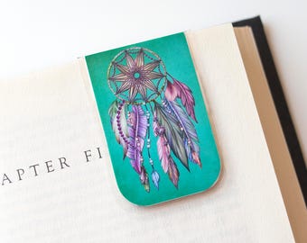 Dream Catcher Gift, Magnetic Bookmark,  Laminated Bookmark, Dreamcatcher Gift, Gifts For Readers, Watercolor Feather, Planner Bookmark, Teal