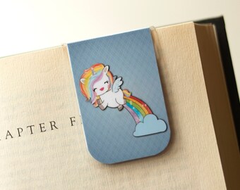 Unicorn Magnetic Bookmark, Rainbow Pooping Unicorn Gift, Blue