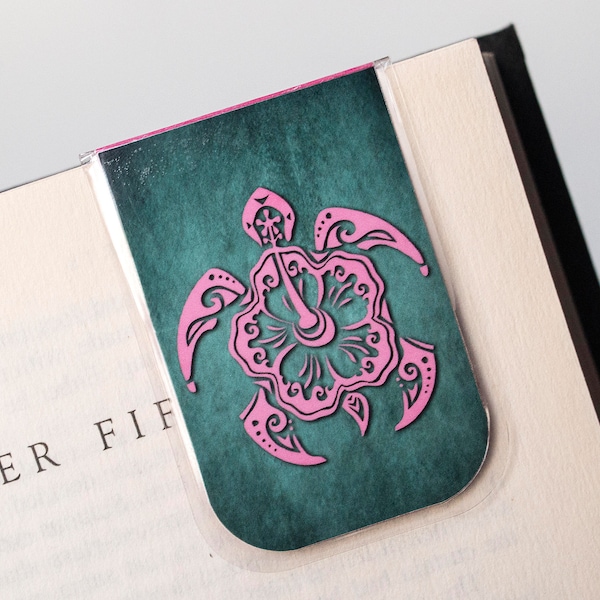 Sea Turtle Bookmark | Pink Hibiscus | Magnetic Bookmark | Laminated Magnetic Bookmark | Planner Bookmark | Planner Accessory | Turtles