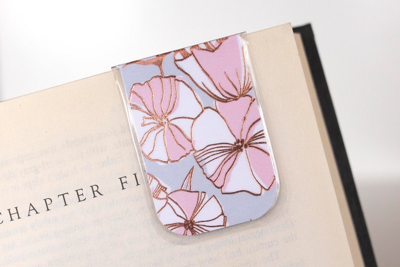 Magnetic Bookmark, Rose Gold Metallic, Magnet Page Marker, Pink Poppy, Christmas Gift, Stocking Stuffer, Under 5, Planner Gift, Page Marker image 1