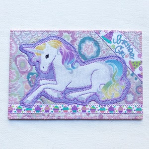 HAPPY BIRTHDAY GIRL Unicorn Card Postcard Fun Gift Birthday Girl Relative Friend Room Decor Frame 4x6 Fabric Quilted Unicorn and Cupcakes