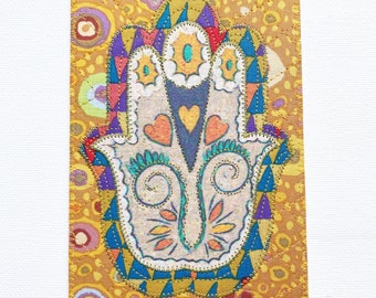 HAMSA HAND 4"x6" Fabric Postcard Unity Protection Good Fortune Health Happiness Her Him Friend Relative Quilted Appliqued Card