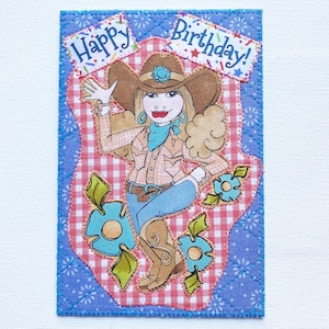 Carte postale en tissu 4 x 6 WESTERN GAL ANNIVERSAIRE Maman son ami parent Votre cow-girl préférée ! Appliqué matelassé