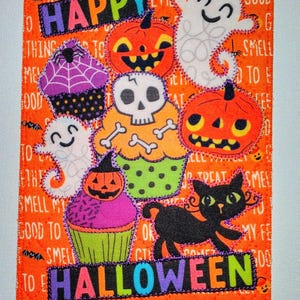 HALLOWEEN CUPCAKES FANTME 5 x 7 carte postale en tissu elle lui enfant petits-enfants ami proche * maison hantée citrouilles chauve-souris chat araignée squelette *