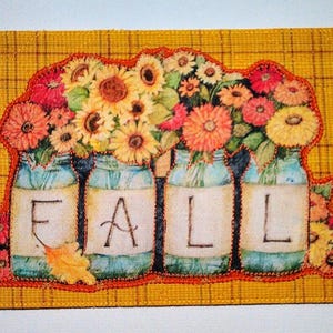 VOEUX D'AUTOMNE Tournesols 5 x 7 grande carte postale en tissu maman son ami parent matelassé appliqué * bocaux tournesols chrysanthèmes zinnias *