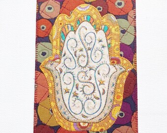 HAMSA HAND 4"x6" Fabric Postcard Unity Protection Good Fortune Health Happiness Her Him Friend Relative Quilted Appliqued Card