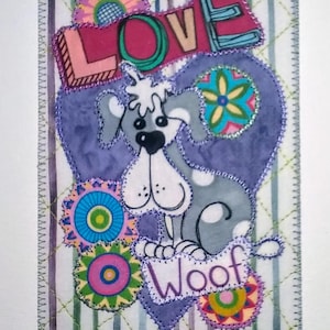 DOG LOVE WoOF 4x6 Stoff Postkarte Karte Geburtstag Her Er Kind Enkelkinder relativ Freund ** Mauve Lila Herz **
